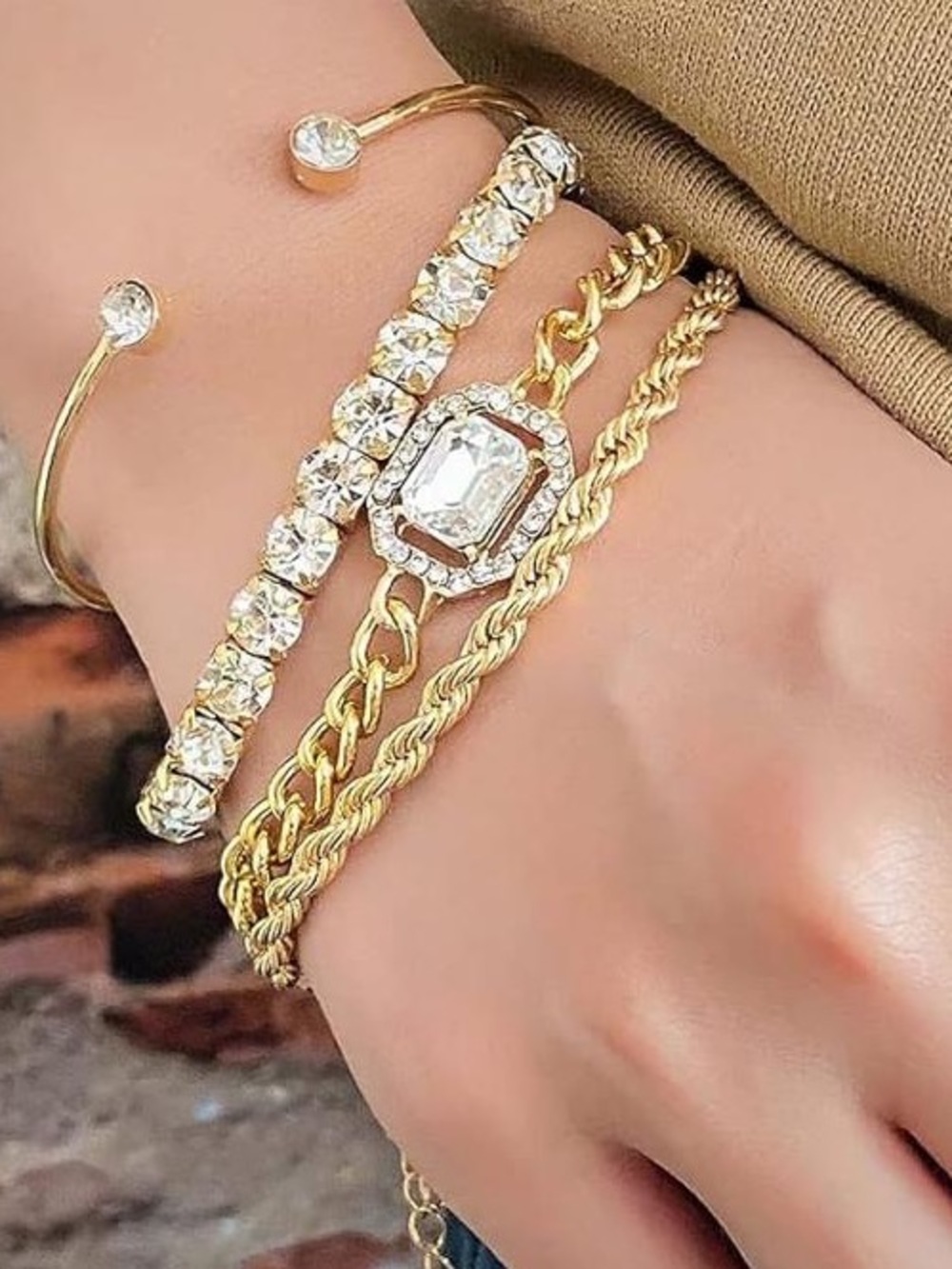 Anthropologie Gold-Tone Multi-Layer Crystal Bracelet Set